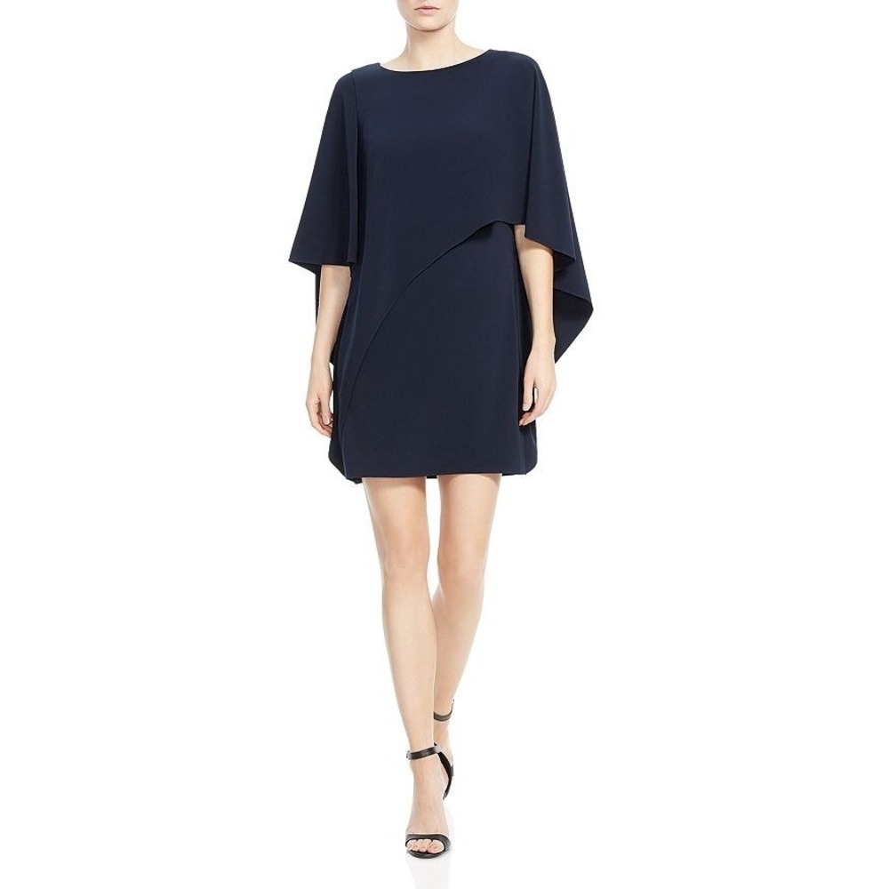 Halston Heritage Asymmetric Drape Cape Dress Size 14 Navy‎ Crepe Capelet Sleeve